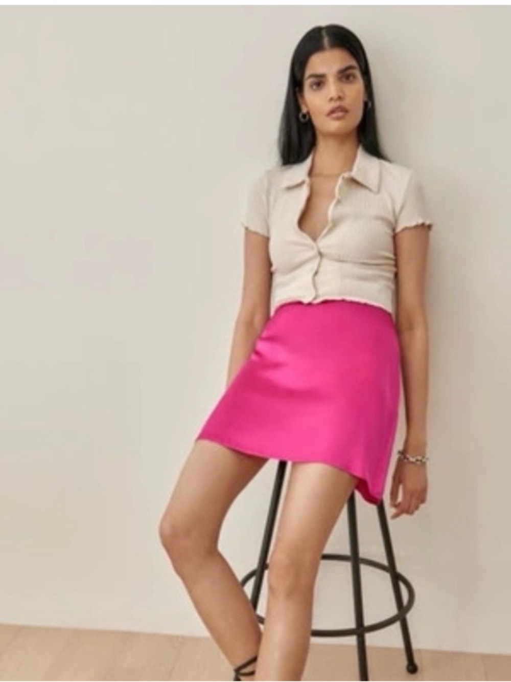 Reformation 100% Silk Mini Skirt Women's 6 Bright Pink Colorful Barbie Satin